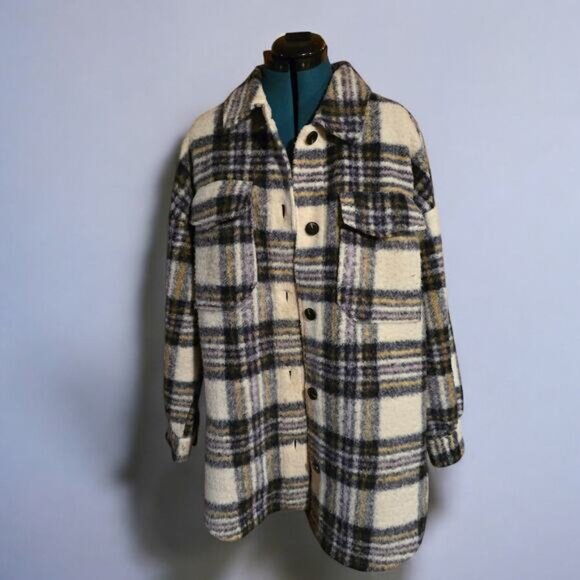 ONLY Rosa Long Plaid Shacket - Size Large - Picture 2 of 9